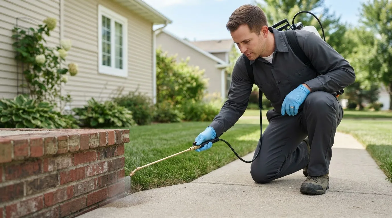 Pest control technician treating a home near Leonia, NJ